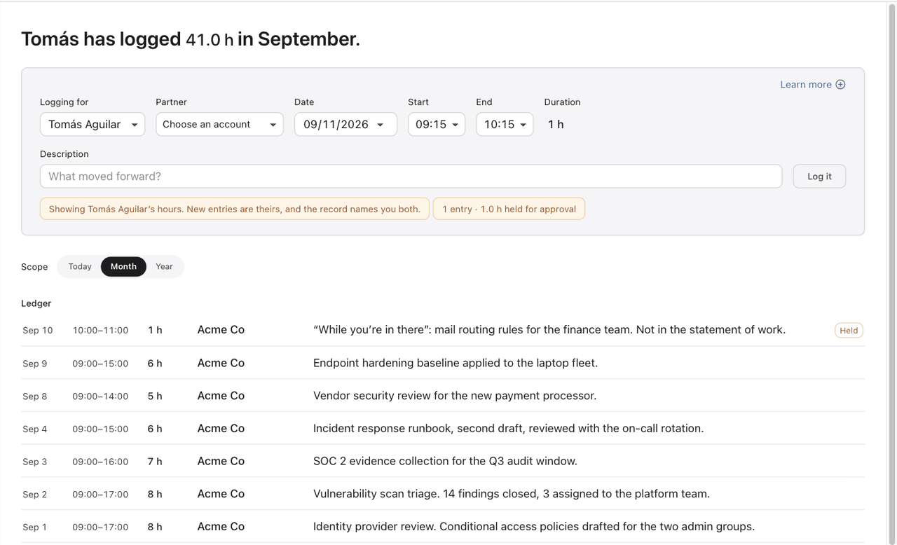Ceed’s time tracking page for a demo account: Tomás has logged 41.0 hours in September. A ledger of seven entries against Acme Co, dated 1 to 10 September, each with its start and end time, hours and a description of what moved forward, the last one an hour marked Held.